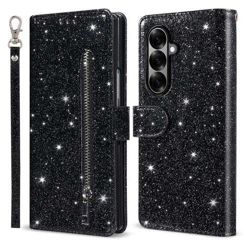 For Samsung Galaxy Z Fold7 5G PU + PC Stand Case Glitter Phone Leather Cover Zipper Pocket with Strap - Black - 1