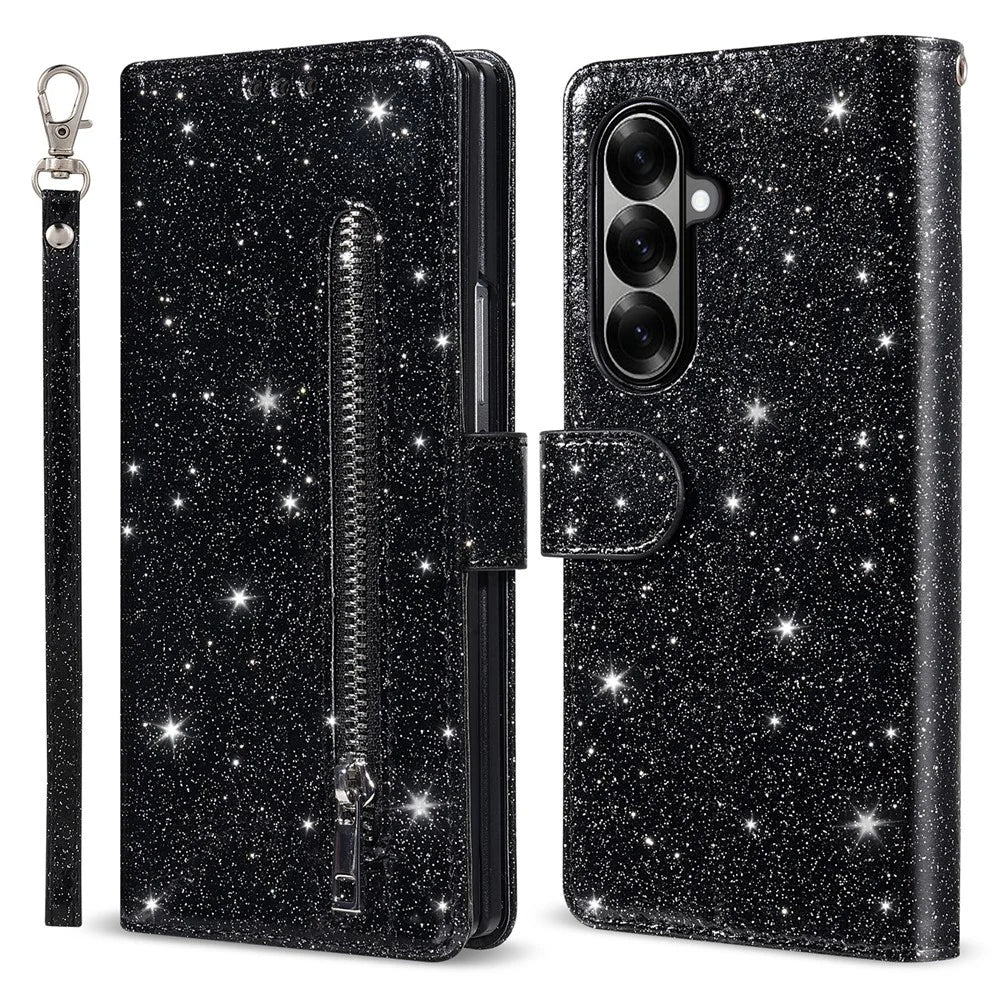 For Samsung Galaxy Z Fold7 5G PU + PC Stand Case Glitter Phone Leather Cover Zipper Pocket with Strap - Black - 1