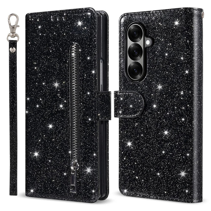 For Samsung Galaxy Z Fold7 5G PU + PC Stand Case Glitter Phone Leather Cover Zipper Pocket with Strap - Black - 1