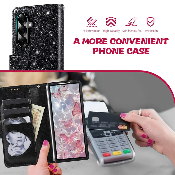 For Samsung Galaxy Z Fold7 5G PU + PC Stand Case Glitter Phone Leather Cover Zipper Pocket with Strap - Black - 7