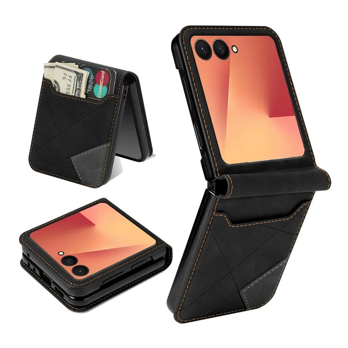 For Samsung Galaxy Z Flip7 5G Case Card Holder Color Splicing PU Leather + PC Phone Cover - Black - 1