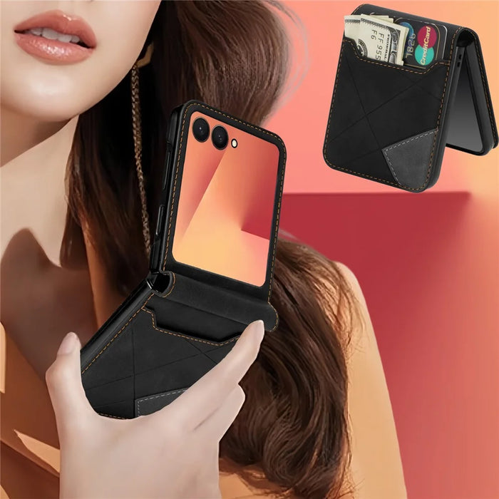 For Samsung Galaxy Z Flip7 5G Case Card Holder Color Splicing PU Leather + PC Phone Cover - Black - 6