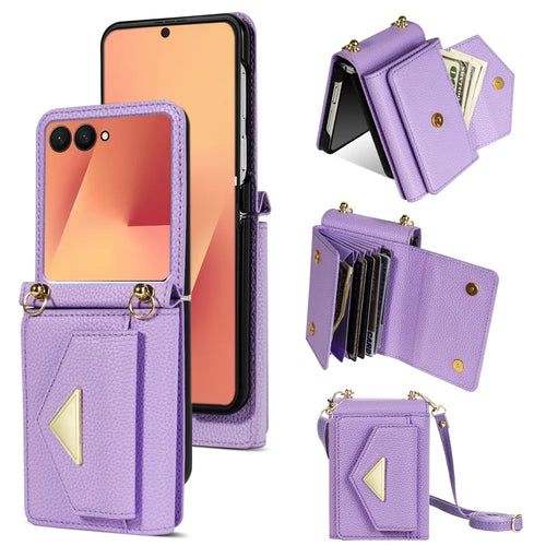 For Samsung Galaxy Z Flip7 5G Case Card Slots PU + PC Phone Cover with Long Strap - Purple - 1