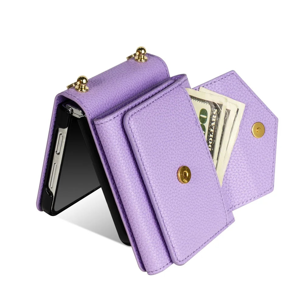 For Samsung Galaxy Z Flip7 5G Case Card Slots PU + PC Phone Cover with Long Strap - Purple - 3