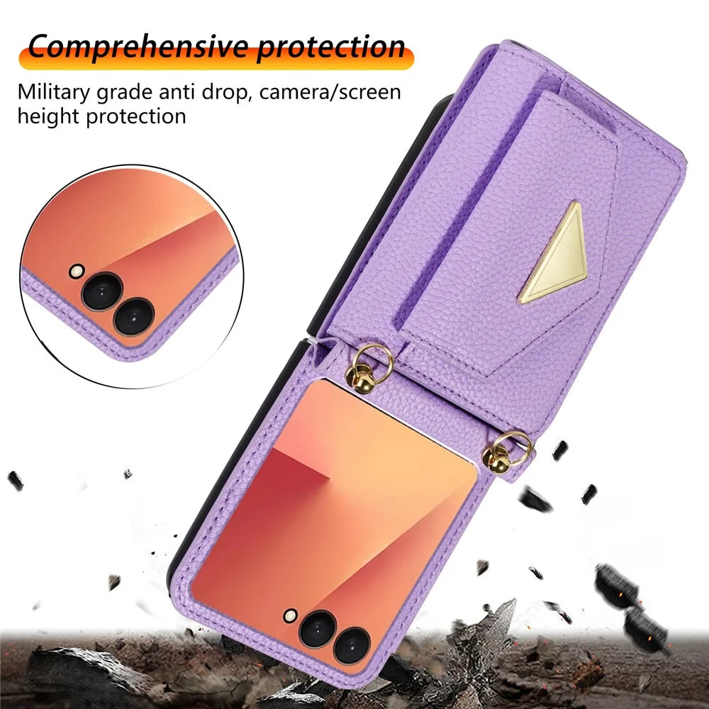 For Samsung Galaxy Z Flip7 5G Case Card Slots PU + PC Phone Cover with Long Strap - Purple - 5