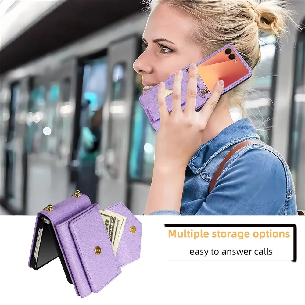 For Samsung Galaxy Z Flip7 5G Case Card Slots PU + PC Phone Cover with Long Strap - Purple - 7
