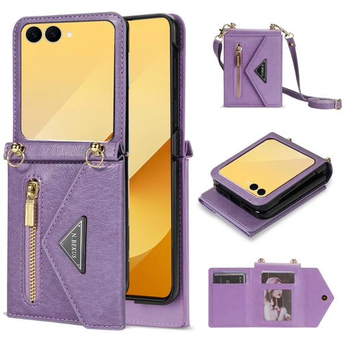 N.BEKUS For Samsung Galaxy Z Flip7 5G Case Zipper Card Holder PU + PC Phone Cover with Shoulder Strap - Purple - 1