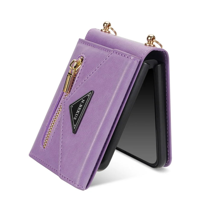 N.BEKUS For Samsung Galaxy Z Flip7 5G Case Zipper Card Holder PU + PC Phone Cover with Shoulder Strap - Purple - 2