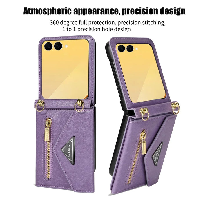 N.BEKUS For Samsung Galaxy Z Flip7 5G Case Zipper Card Holder PU + PC Phone Cover with Shoulder Strap - Purple - 7