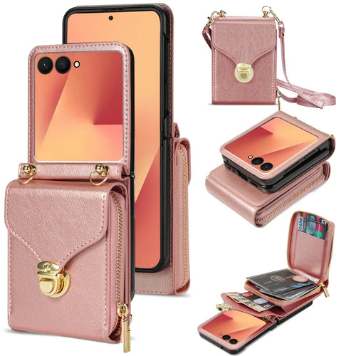 For Samsung Galaxy Z Flip7 5G Case Zipper Wallet PU Leather TPU PC Phone Cover with Shoulder Strap - Rose Gold - 1