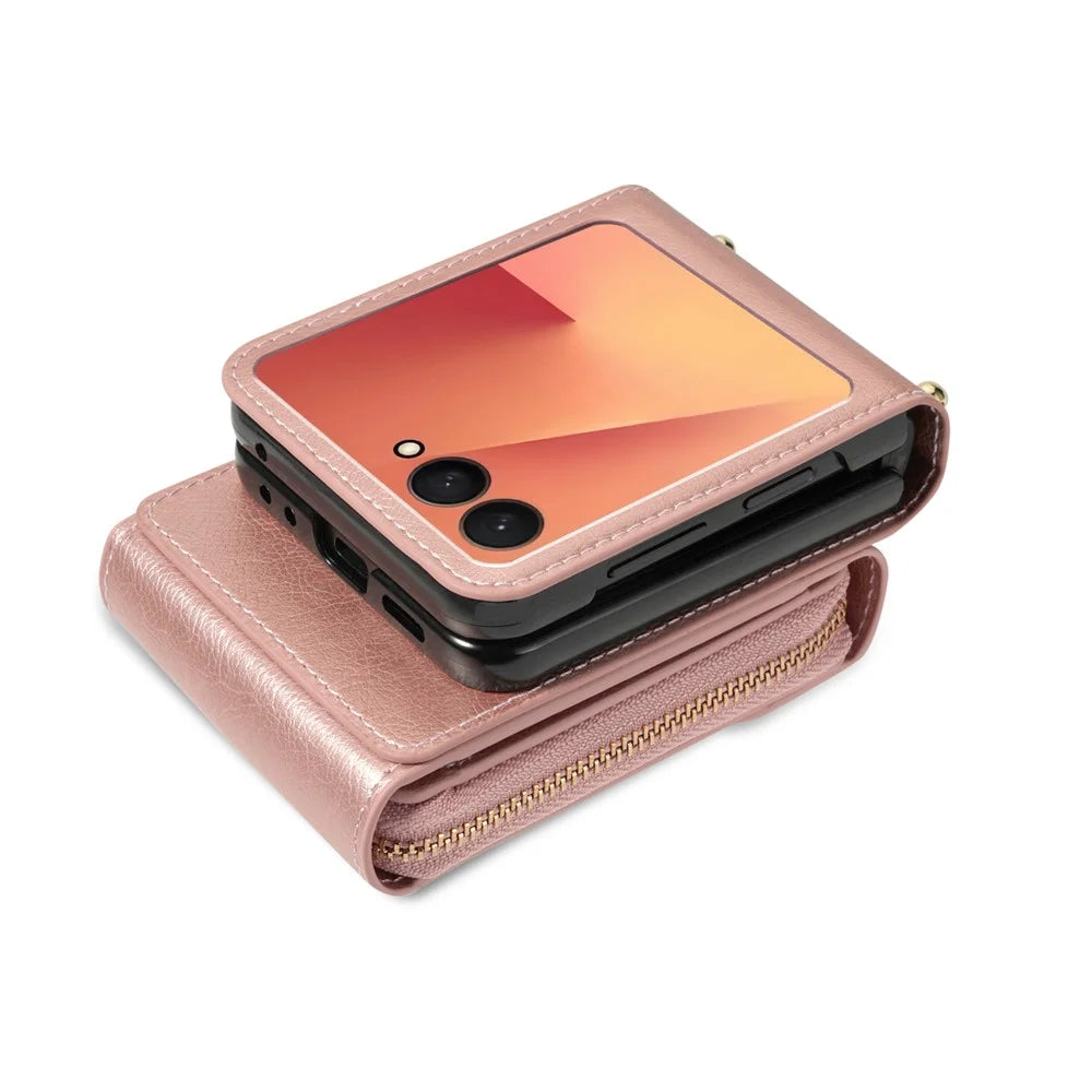 For Samsung Galaxy Z Flip7 5G Case Zipper Wallet PU Leather TPU PC Phone Cover with Shoulder Strap - Rose Gold - 2