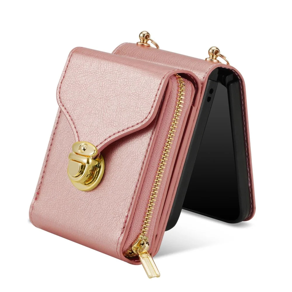For Samsung Galaxy Z Flip7 5G Case Zipper Wallet PU Leather TPU PC Phone Cover with Shoulder Strap - Rose Gold - 3