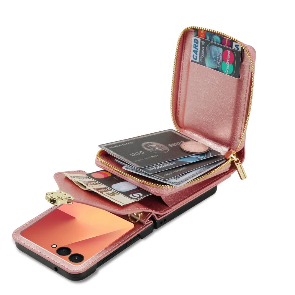 For Samsung Galaxy Z Flip7 5G Case Zipper Wallet PU Leather TPU PC Phone Cover with Shoulder Strap - Rose Gold - 4