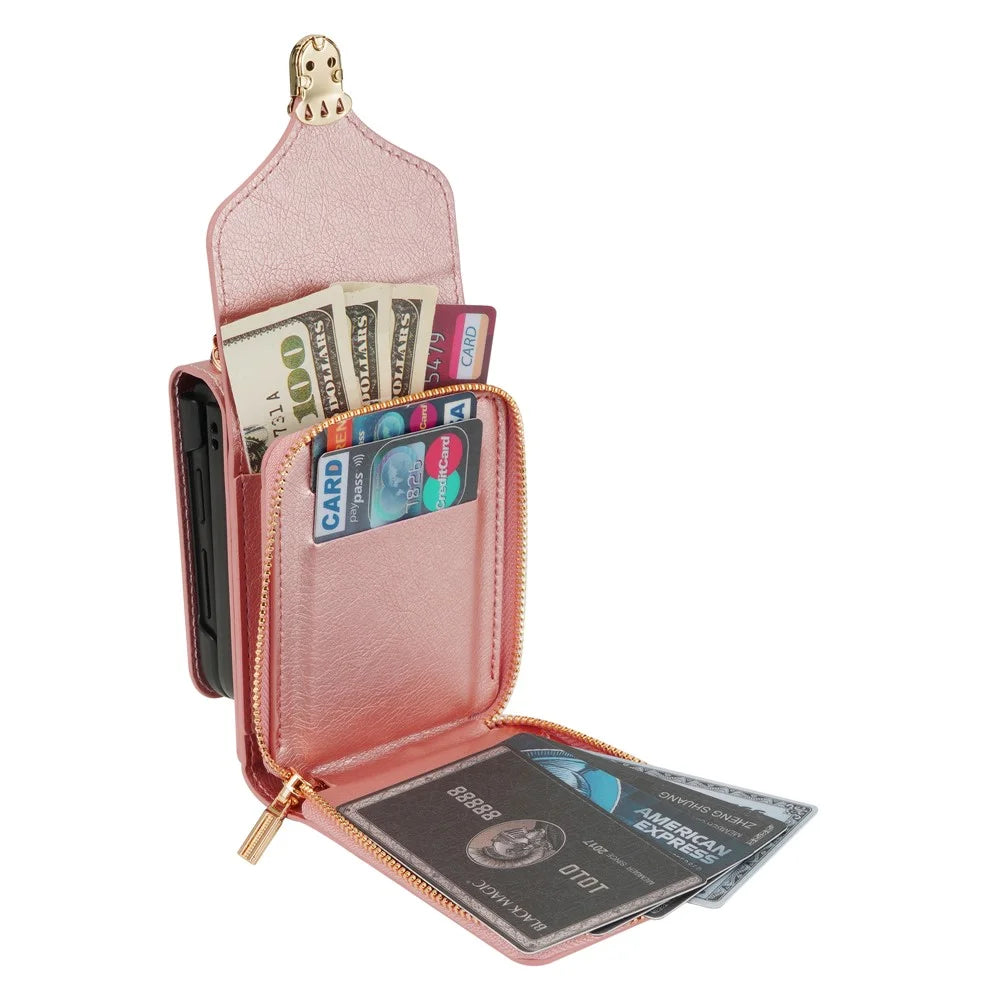 For Samsung Galaxy Z Flip7 5G Case Zipper Wallet PU Leather TPU PC Phone Cover with Shoulder Strap - Rose Gold - 5