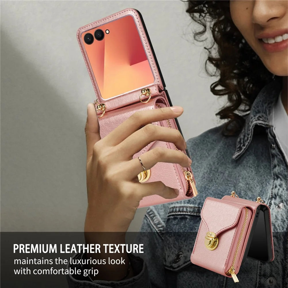 For Samsung Galaxy Z Flip7 5G Case Zipper Wallet PU Leather TPU PC Phone Cover with Shoulder Strap - Rose Gold - 6