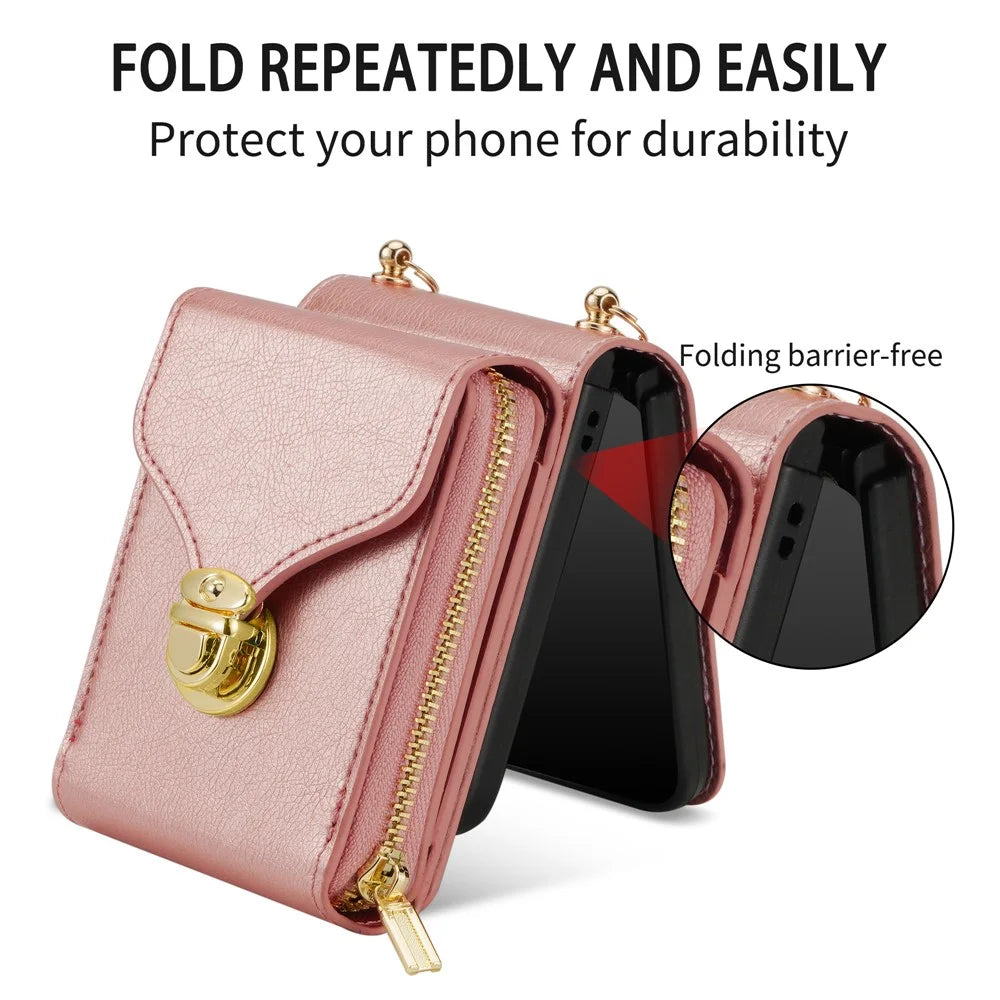 For Samsung Galaxy Z Flip7 5G Case Zipper Wallet PU Leather TPU PC Phone Cover with Shoulder Strap - Rose Gold - 7