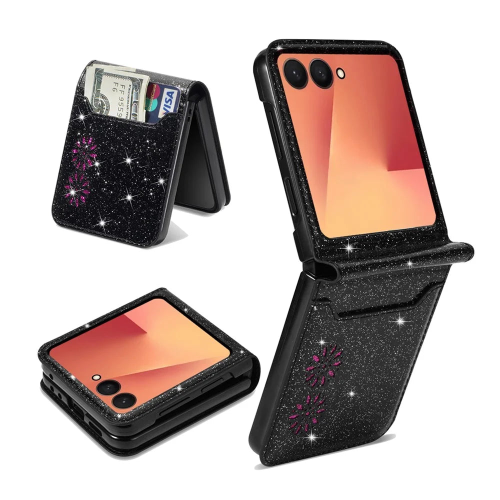 For Samsung Galaxy Z Flip7 5G Case Card Holder Starry Sky Carving PU Leather + PC Phone Cover - Black - 1