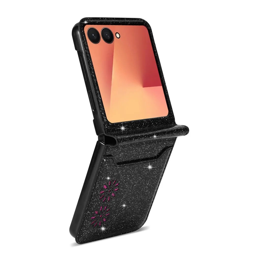 For Samsung Galaxy Z Flip7 5G Case Card Holder Starry Sky Carving PU Leather + PC Phone Cover - Black - 2