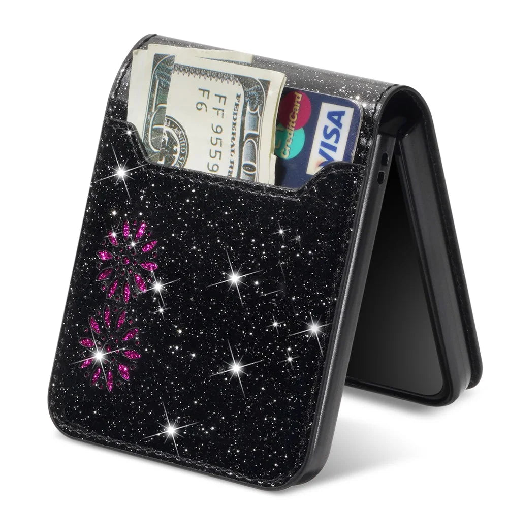 For Samsung Galaxy Z Flip7 5G Case Card Holder Starry Sky Carving PU Leather + PC Phone Cover - Black - 4