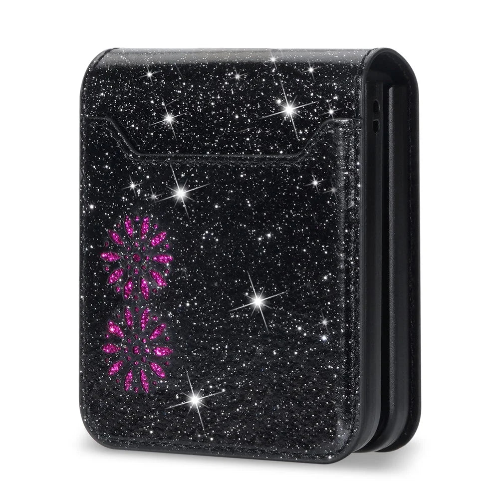 For Samsung Galaxy Z Flip7 5G Case Card Holder Starry Sky Carving PU Leather + PC Phone Cover - Black - 5