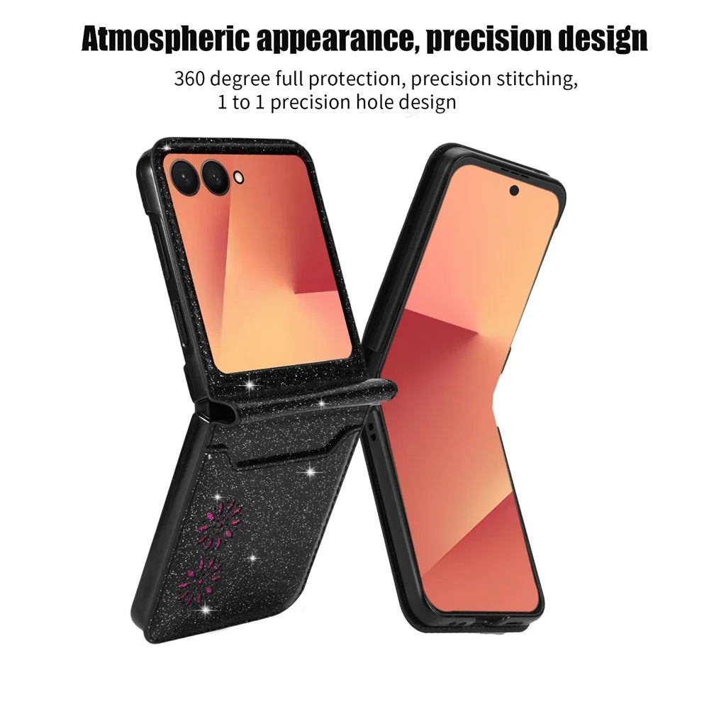 For Samsung Galaxy Z Flip7 5G Case Card Holder Starry Sky Carving PU Leather + PC Phone Cover - Black - 6