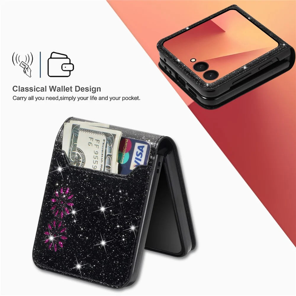 For Samsung Galaxy Z Flip7 5G Case Card Holder Starry Sky Carving PU Leather + PC Phone Cover - Black - 7