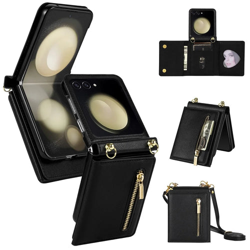 For Samsung Galaxy Z Flip7 5G Case Zipper Wallet PU + TPU + PC Phone Cover with Shoulder Strap - Black - 1