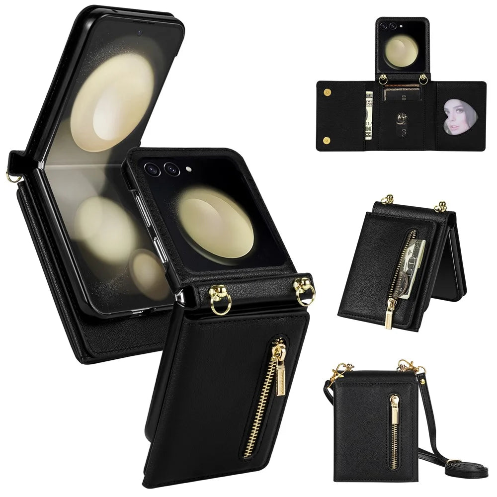 For Samsung Galaxy Z Flip7 5G Case Zipper Wallet PU + TPU + PC Phone Cover with Shoulder Strap - Black - 1