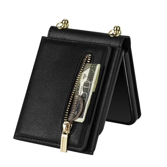 For Samsung Galaxy Z Flip7 5G Case Zipper Wallet PU + TPU + PC Phone Cover with Shoulder Strap - Black - 3