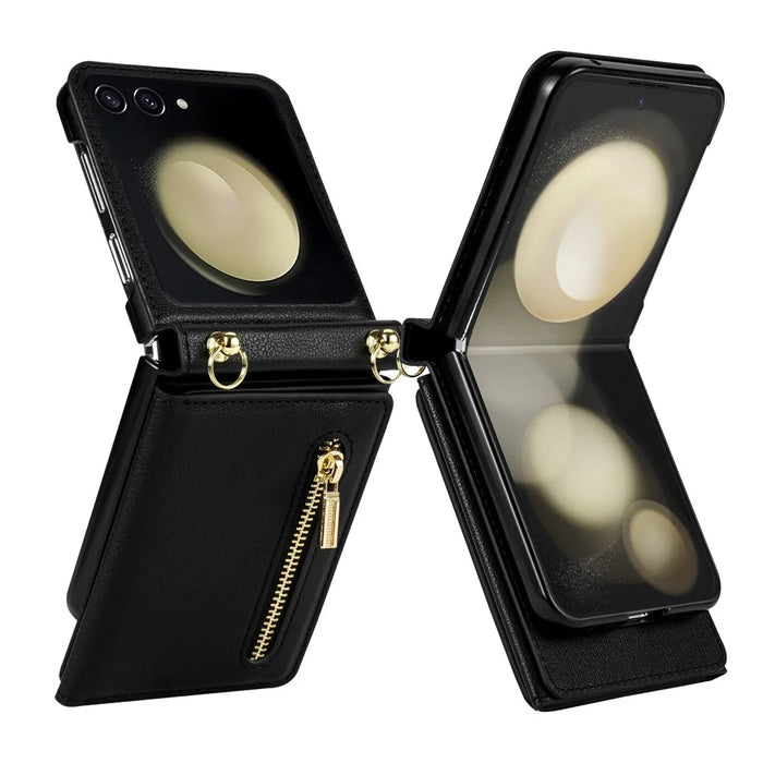 For Samsung Galaxy Z Flip7 5G Case Zipper Wallet PU + TPU + PC Phone Cover with Shoulder Strap - Black - 5