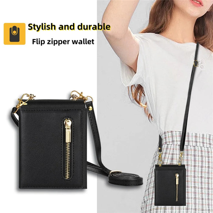 For Samsung Galaxy Z Flip7 5G Case Zipper Wallet PU + TPU + PC Phone Cover with Shoulder Strap - Black - 6