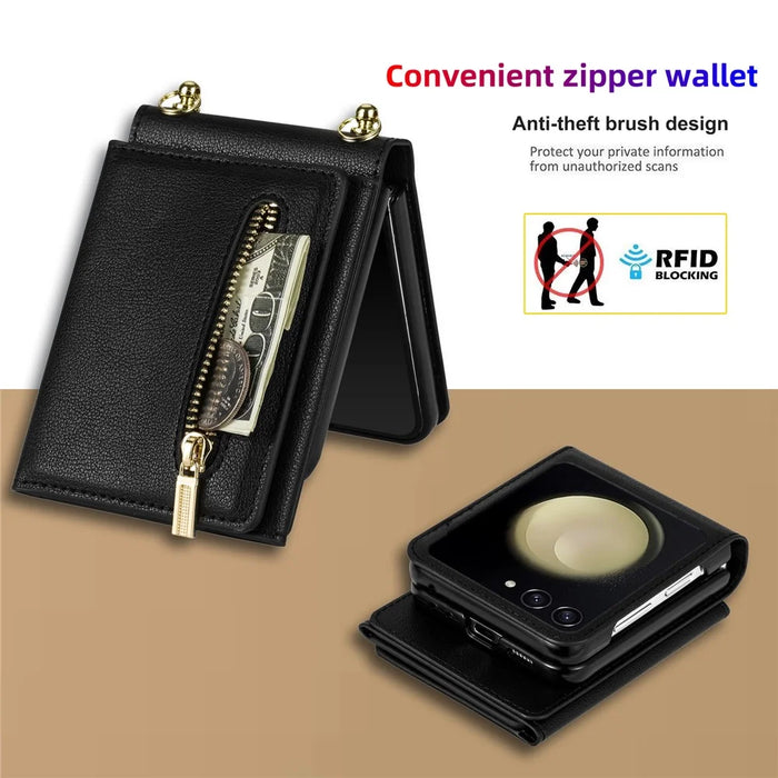 For Samsung Galaxy Z Flip7 5G Case Zipper Wallet PU + TPU + PC Phone Cover with Shoulder Strap - Black - 7