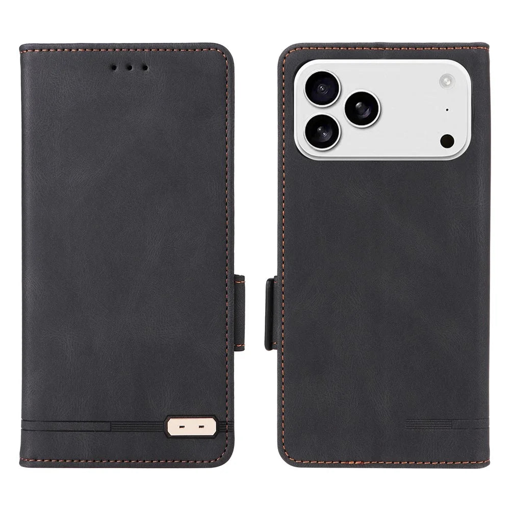 For iPhone 18 Pro / 17 Pro Case Leather Wallet Flip Phone Cover with Hardware Decor - Black - 1
