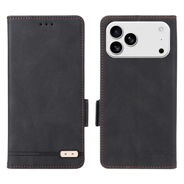 For iPhone 18 Pro / 17 Pro Case Leather Wallet Flip Phone Cover with Hardware Decor - Black - 1
