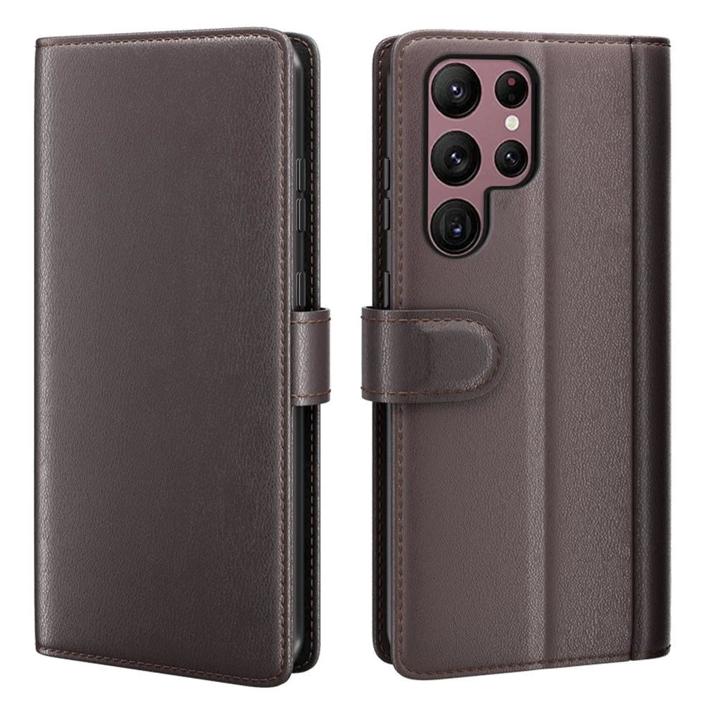 For Samsung Galaxy S23 Ultra Case Genuine Split Leather Phone Cover with Wallet Stand - Brown - 1