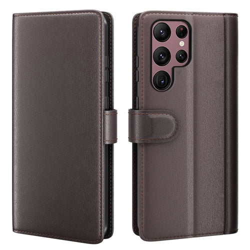 For Samsung Galaxy S23 Ultra Case Genuine Split Leather Phone Cover with Wallet Stand - Brown - 1