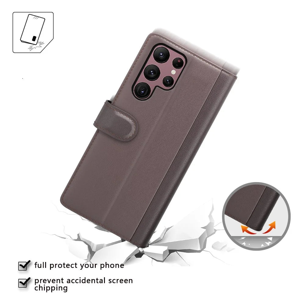 For Samsung Galaxy S23 Ultra Case Genuine Split Leather Phone Cover with Wallet Stand - Brown - 5