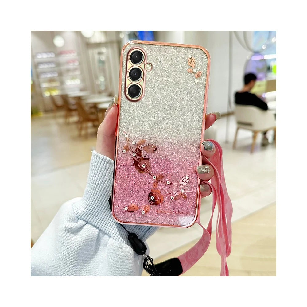 KADEM For Samsung Galaxy A18 5G / A18 4G / A17 5G / A17 4G Case Flower Pattern TPU Gradient Phone Cover with Lanyards - Rose Gold - 2