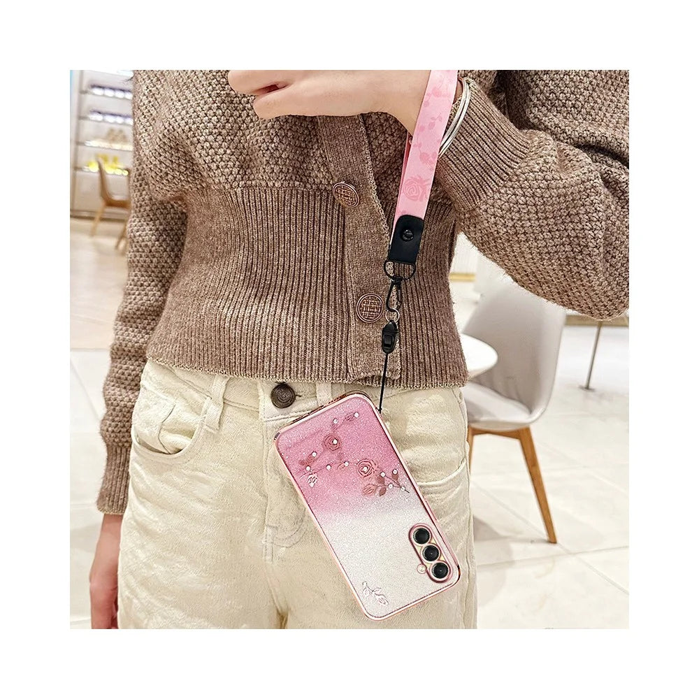 KADEM For Samsung Galaxy A18 5G / A18 4G / A17 5G / A17 4G Case Flower Pattern TPU Gradient Phone Cover with Lanyards - Rose Gold - 3
