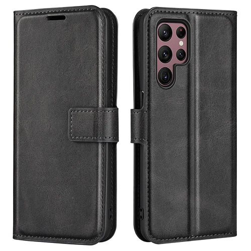 For Samsung Galaxy S23 Ultra Calf Texture Stand Wallet PU Leather Case Square Magnetic Clasp Folio Flip Phone Cover - Black - 1