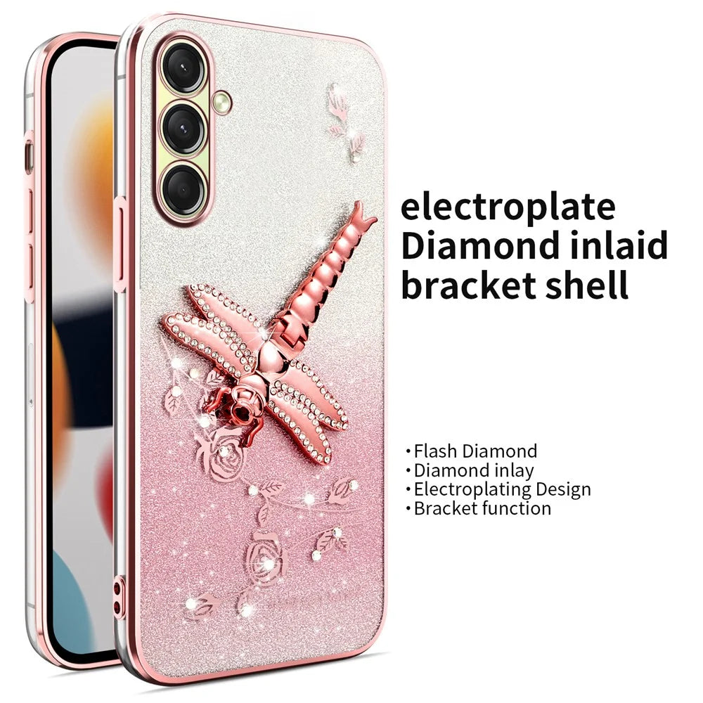 KADEM For Samsung Galaxy A18 5G / A18 4G / A17 5G / A17 4G Case Dragonfly Kickstand TPU Flowers Glitter Phone Cover - Pink - 2