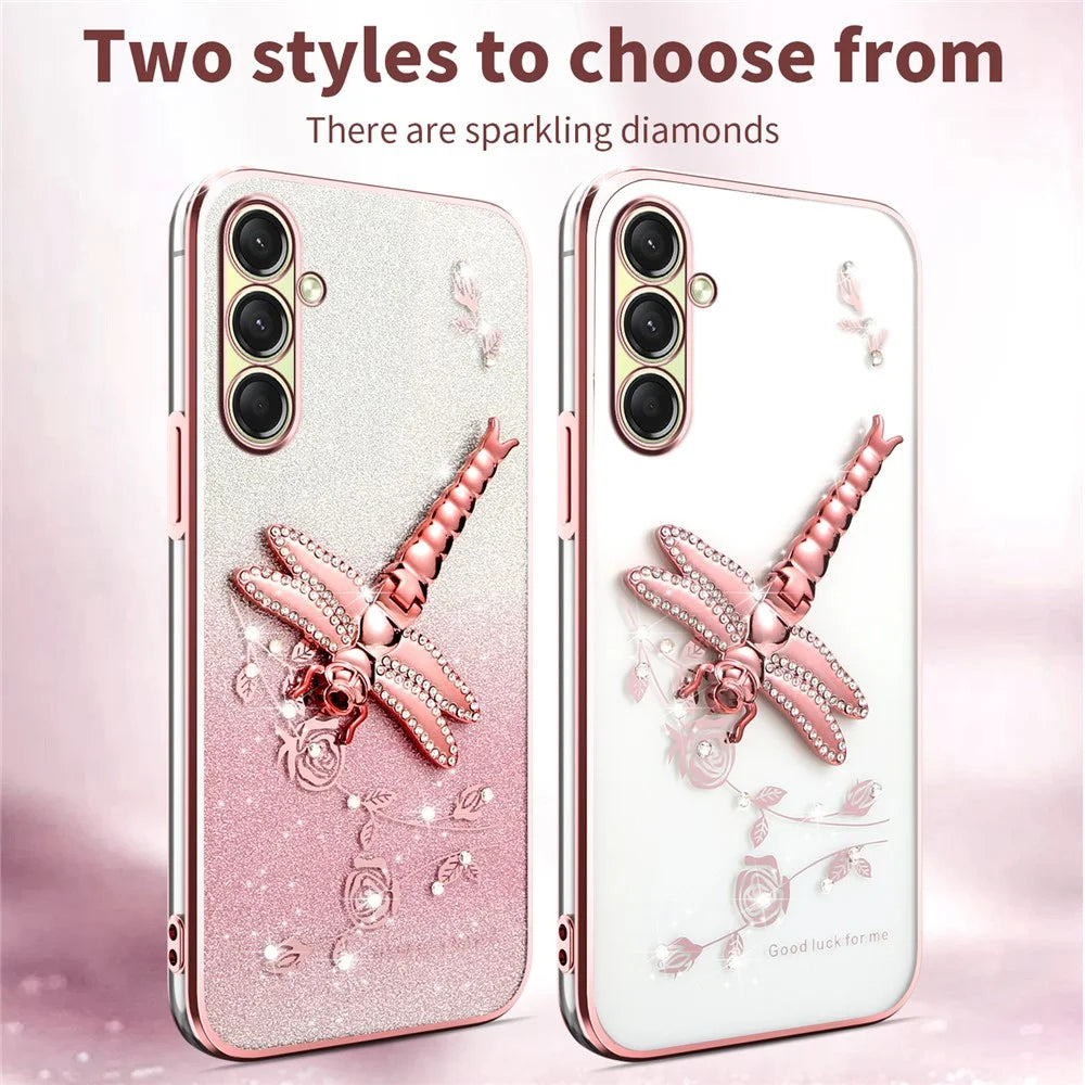 KADEM For Samsung Galaxy A18 5G / A18 4G / A17 5G / A17 4G Case Dragonfly Kickstand TPU Flowers Glitter Phone Cover - Pink - 3