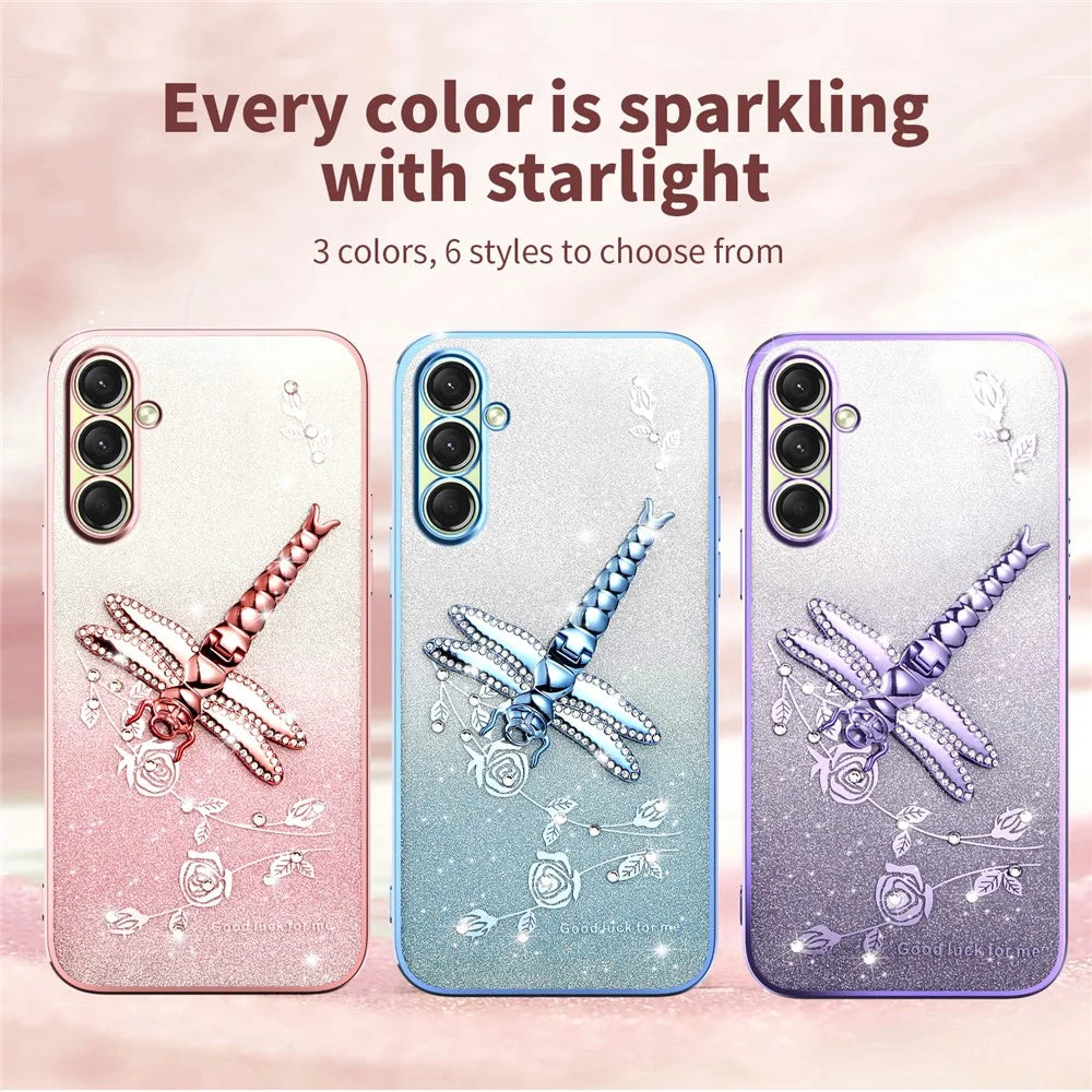 KADEM For Samsung Galaxy A18 5G / A18 4G / A17 5G / A17 4G Case Dragonfly Kickstand TPU Flowers Glitter Phone Cover - Pink - 6