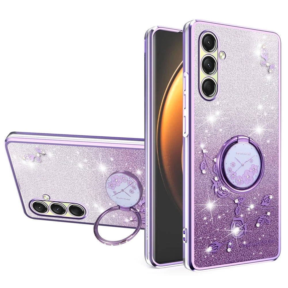 KADEM For Samsung Galaxy A18 5G / A18 4G / A17 5G / A17 4G Case Ring Kickstand TPU Flowers Phone Cover Gradient Glitter - Purple - 1