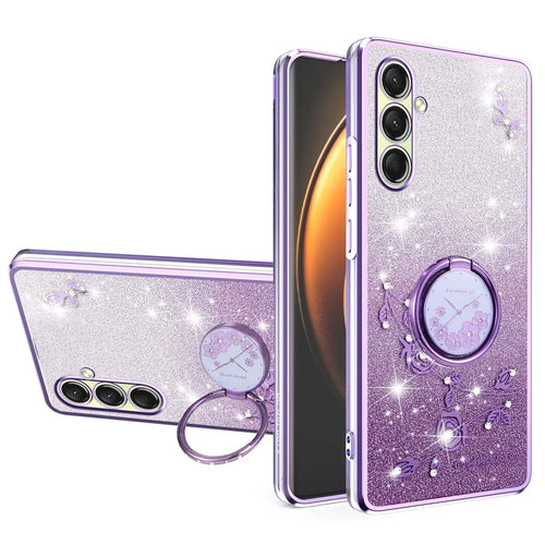 KADEM For Samsung Galaxy A18 5G / A18 4G / A17 5G / A17 4G Case Ring Kickstand TPU Flowers Phone Cover Gradient Glitter - Purple - 1