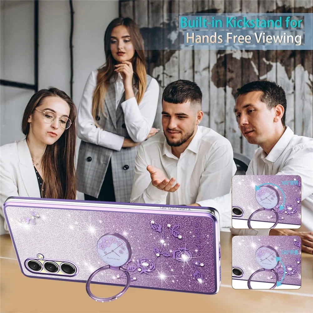 KADEM For Samsung Galaxy A18 5G / A18 4G / A17 5G / A17 4G Case Ring Kickstand TPU Flowers Phone Cover Gradient Glitter - Purple - 3