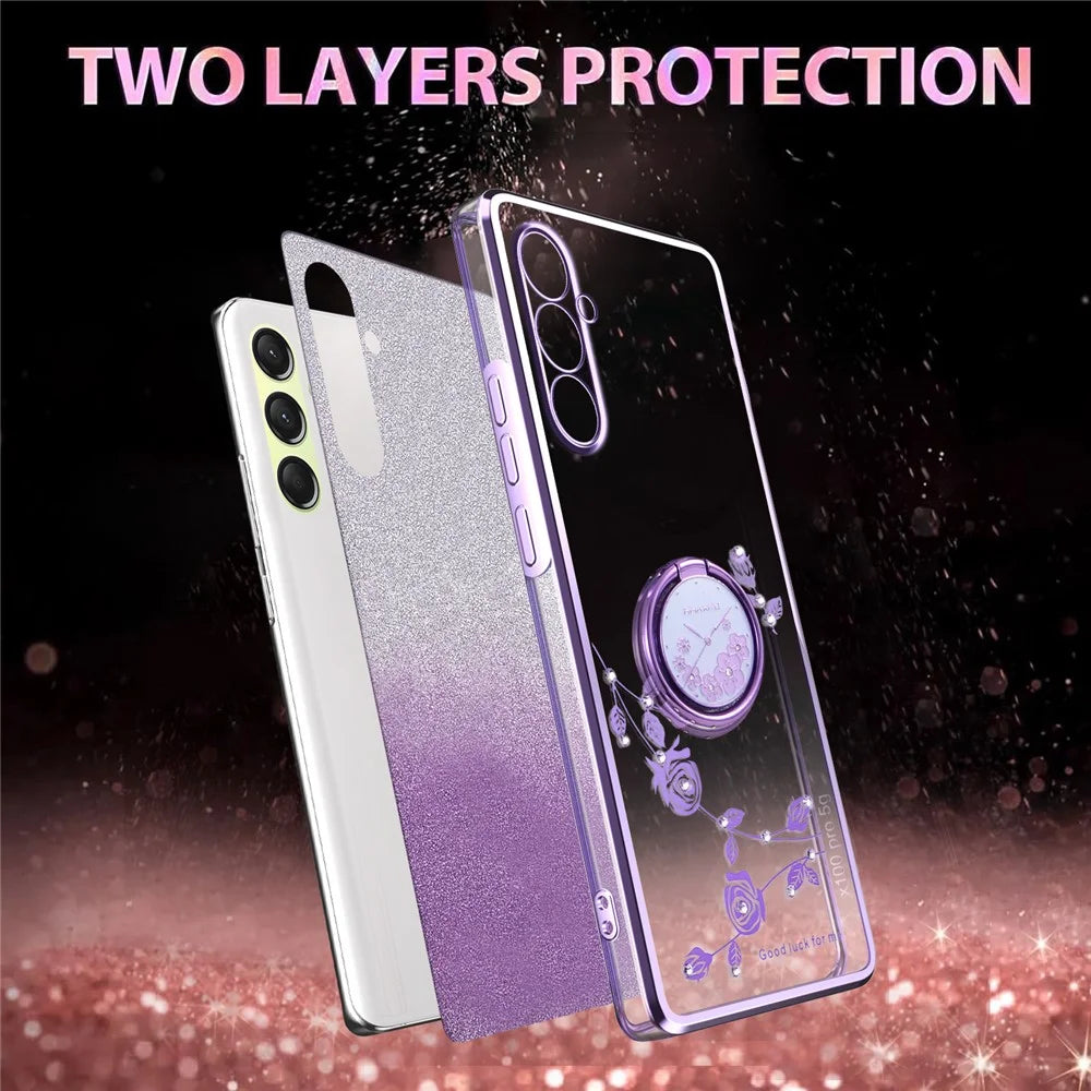 KADEM For Samsung Galaxy A18 5G / A18 4G / A17 5G / A17 4G Case Ring Kickstand TPU Flowers Phone Cover Gradient Glitter - Purple - 4