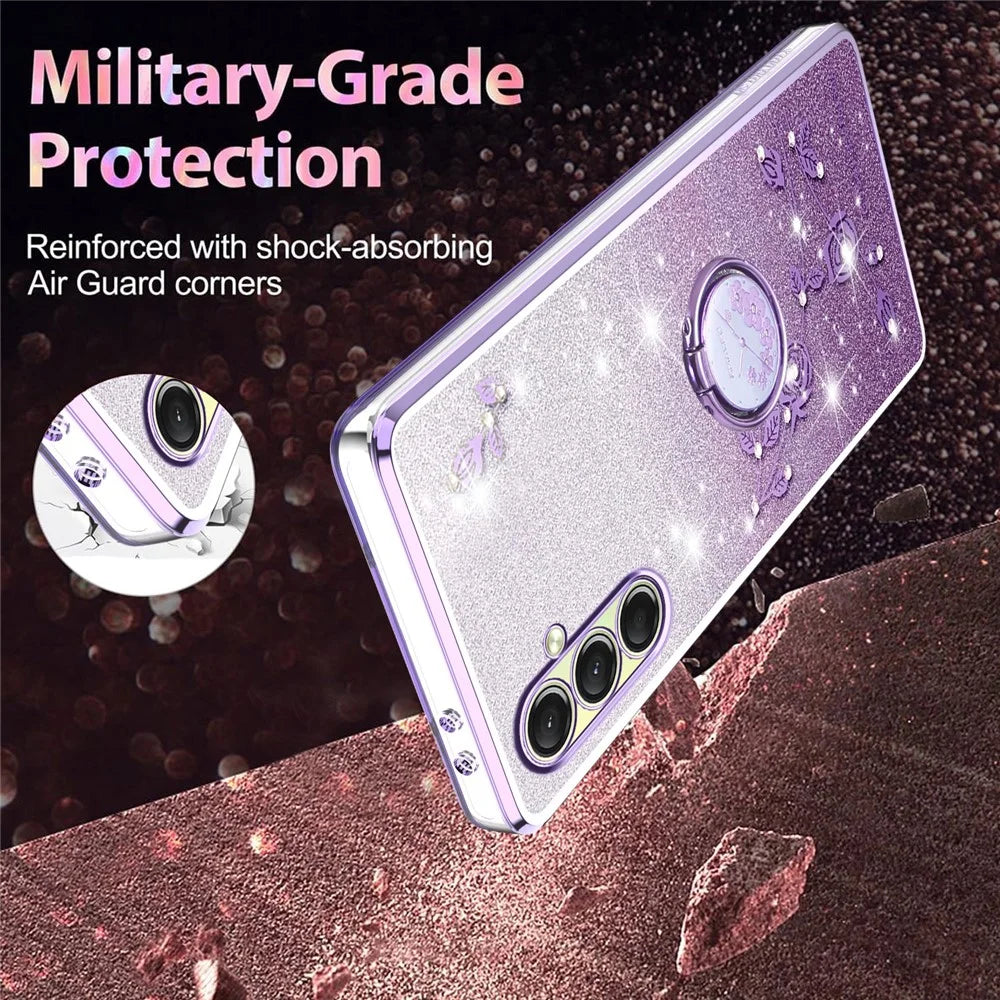 KADEM For Samsung Galaxy A18 5G / A18 4G / A17 5G / A17 4G Case Ring Kickstand TPU Flowers Phone Cover Gradient Glitter - Purple - 5