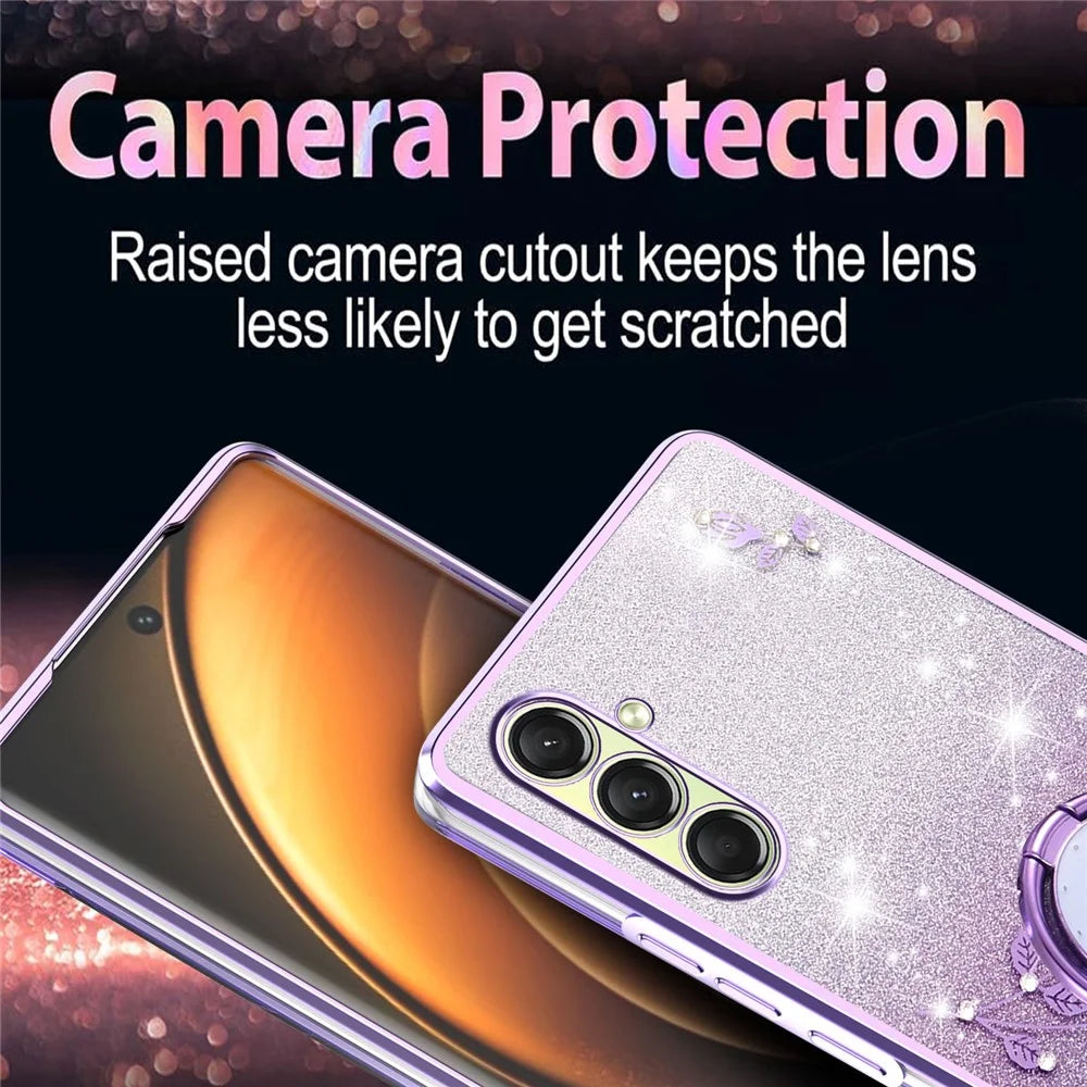 KADEM For Samsung Galaxy A18 5G / A18 4G / A17 5G / A17 4G Case Ring Kickstand TPU Flowers Phone Cover Gradient Glitter - Purple - 6