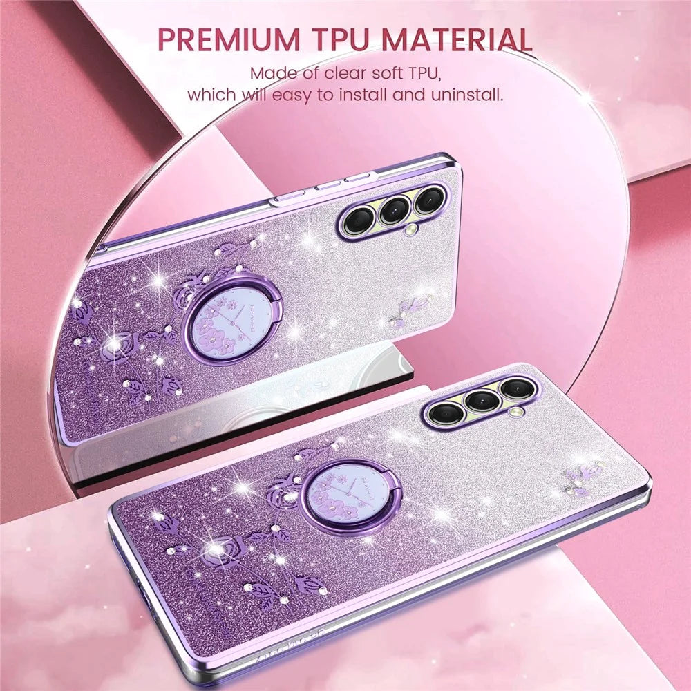 KADEM For Samsung Galaxy A18 5G / A18 4G / A17 5G / A17 4G Case Ring Kickstand TPU Flowers Phone Cover Gradient Glitter - Purple - 7